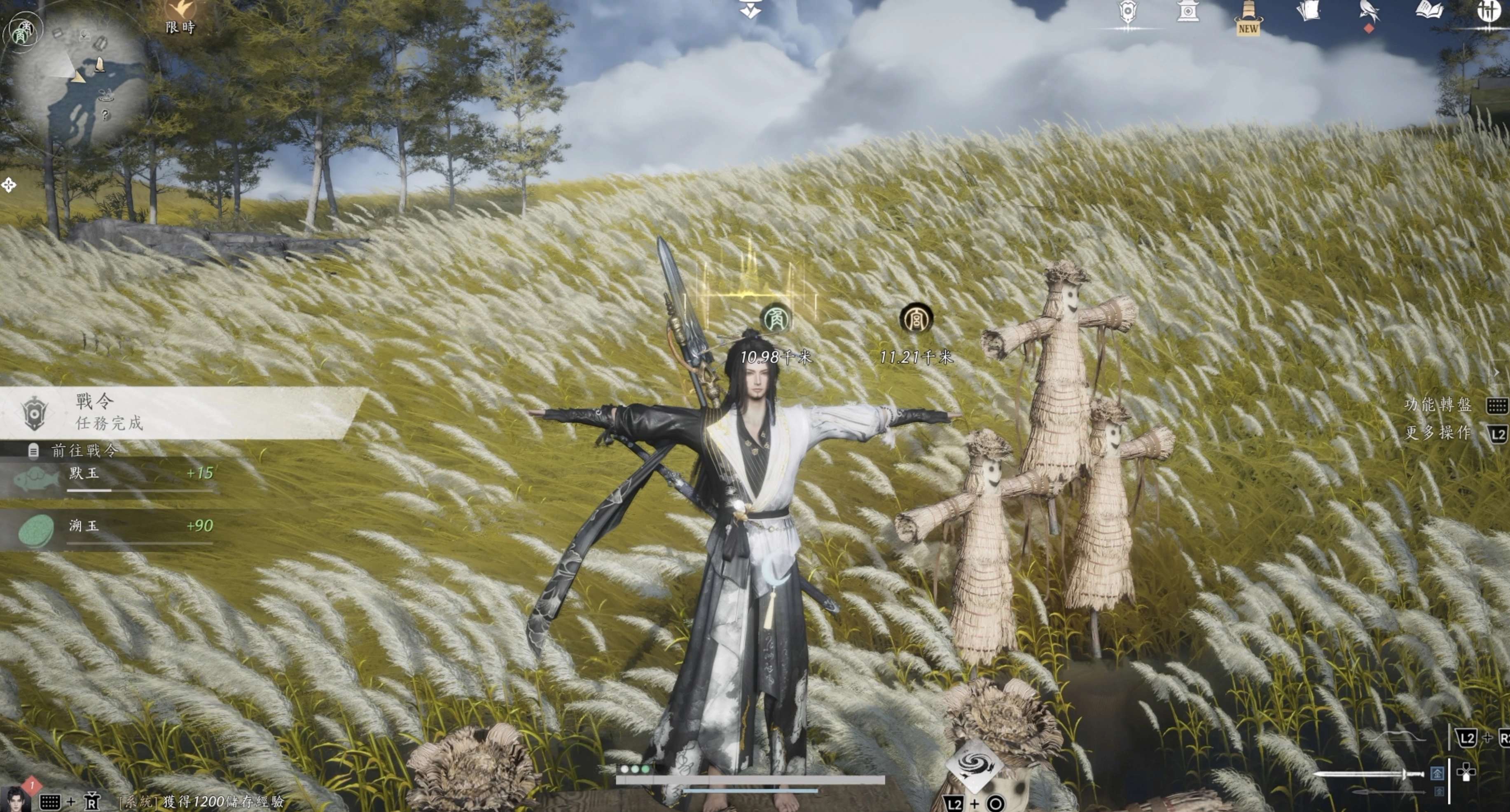 找到兩個稻草人中間缺一個站上去的，站上去擺姿勢