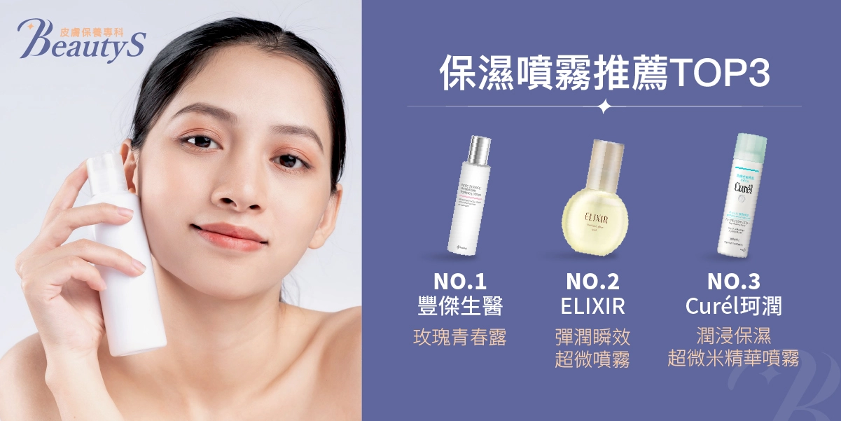 保濕噴霧推薦TOP 3，豐傑生醫《玫瑰青春露》、ELIXIR怡麗絲爾《彈潤瞬效超微噴霧》、Curél珂潤《潤浸保濕超微米精華噴霧》