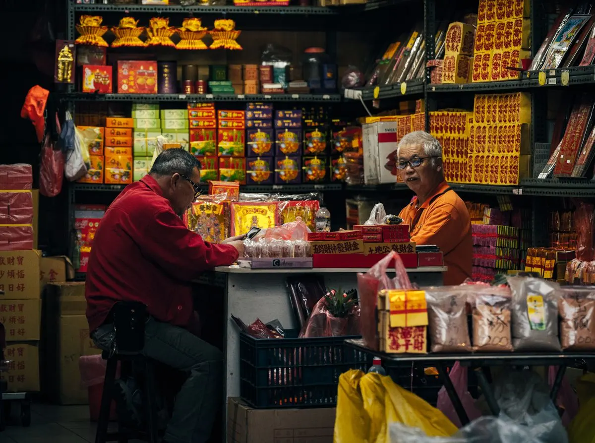 兩位年長男性在擺滿紅色、金色禮盒和零食的傳統雜貨店裡顧店，一位戴眼鏡穿橘色上衣站在櫃台後，另一位穿紅色外套坐著整理貨品