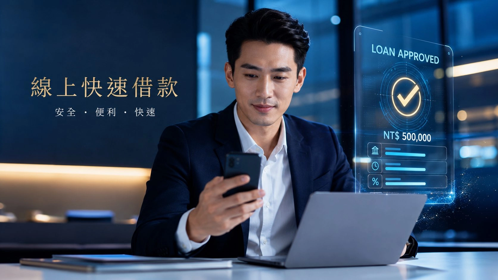 線上快速借款申請示意圖，商務人士使用手機與筆電查看借款審核資訊