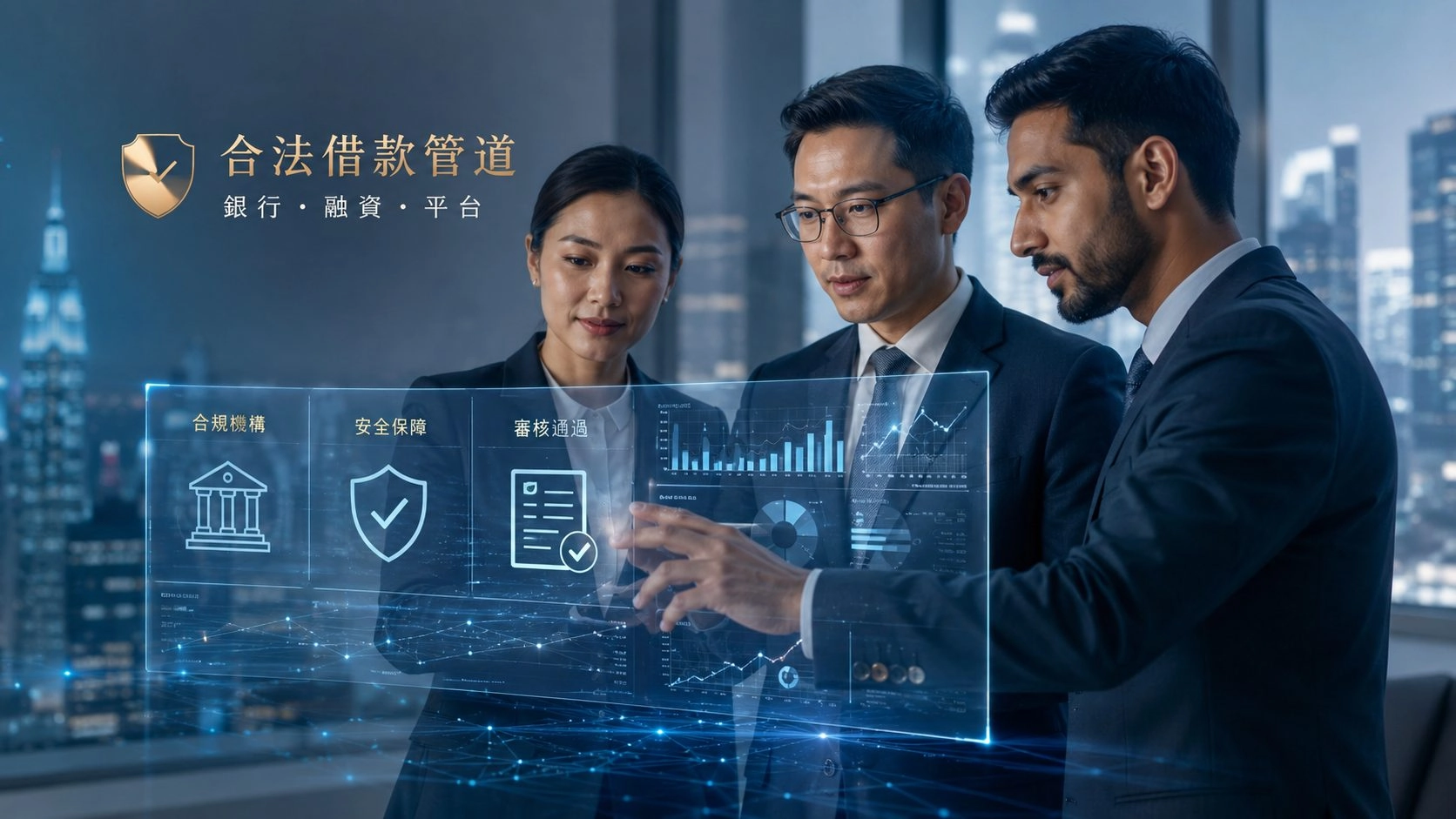 合法借款管道示意圖，商務團隊查看銀行融資平台與審核資訊