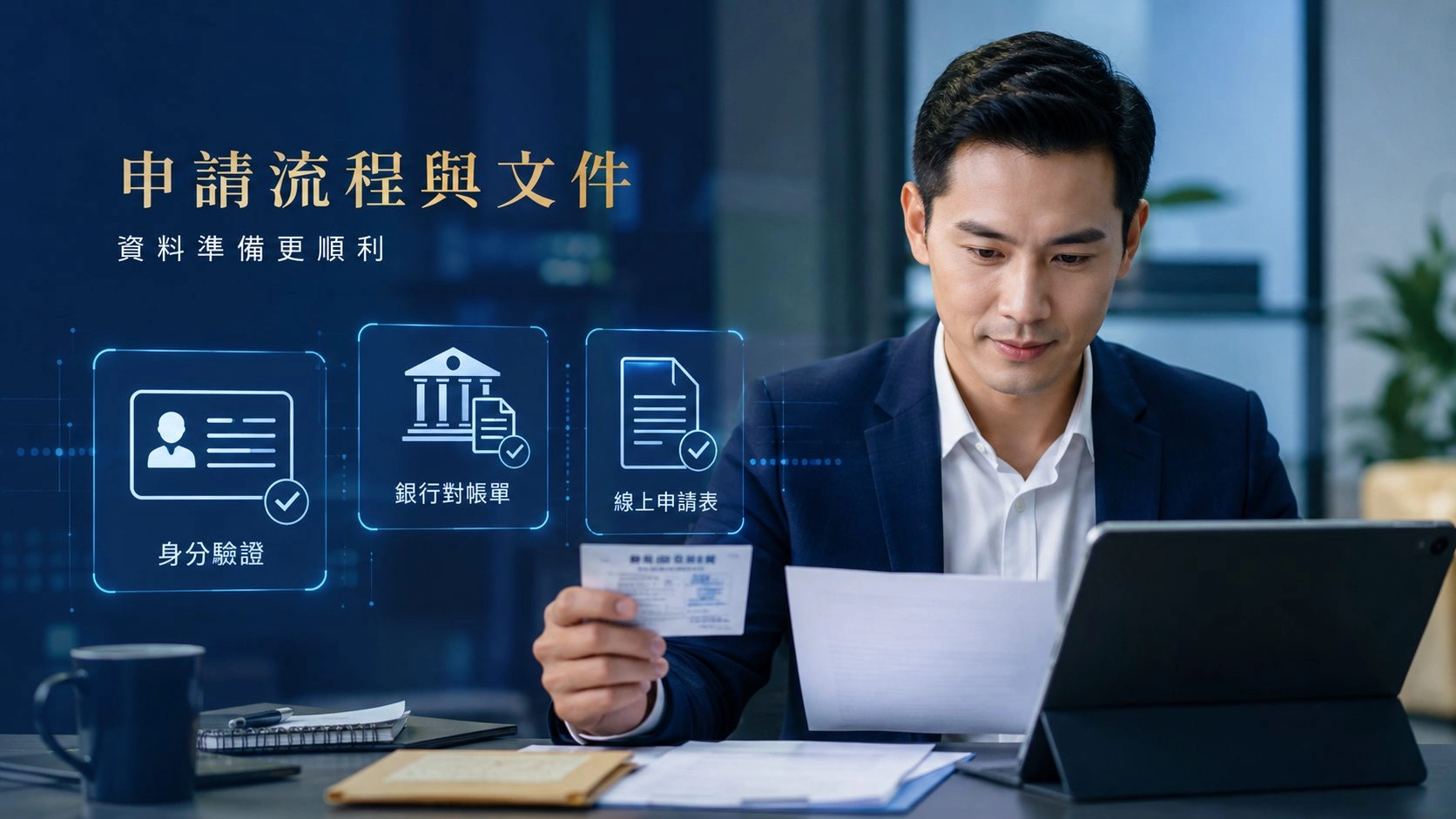 線上快速借款申請示意圖，商務人士使用手機與筆電查看借款審核資訊