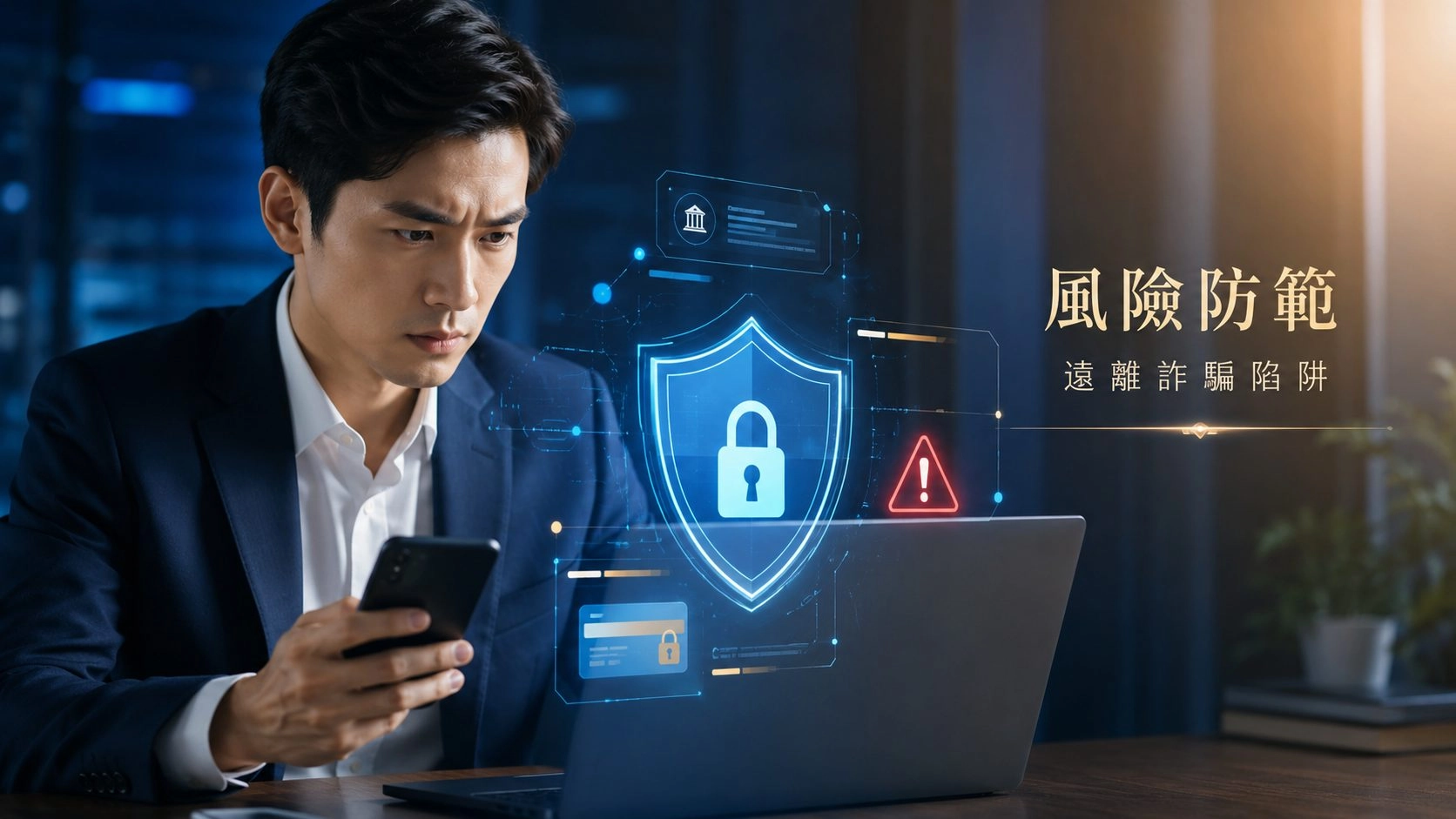 線上借款風險防範示意圖，商務人士查看手機與筆電上的詐騙警示資訊