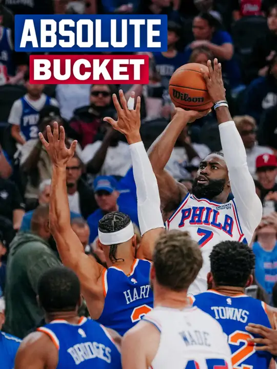 76 人官方 Instagram 貼文：身穿 76 人白色 7 號球衣的 Jaylen Brown 在 Josh Hart 與 Karl-Anthony To…