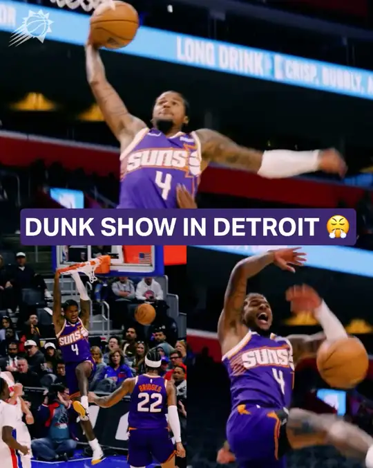 太陽官方 Instagram 貼文：身穿紫色 4 號球衣的 Jalen Green 在 Little Caesars Arena 連續灌籃的拼貼畫面