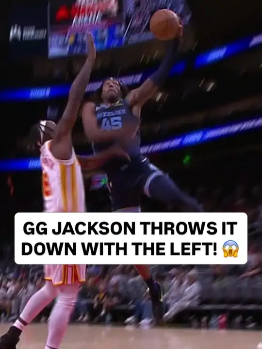 NBA 官方 Instagram 貼文：身穿灰熊深藍色 45 號球衣的 GG Jackson 在老鷹球員面前高高躍起，畫面字卡標註他用左手灌籃