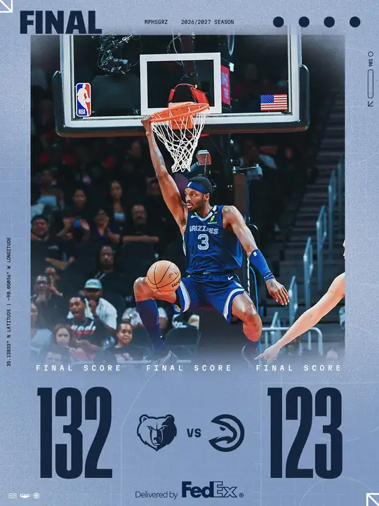 灰熊官方 Instagram 貼文：身穿灰熊深藍色 3 號球衣的 Jerami Grant 灌籃後吊在籃框上，下方為 132 比 123 終場比分