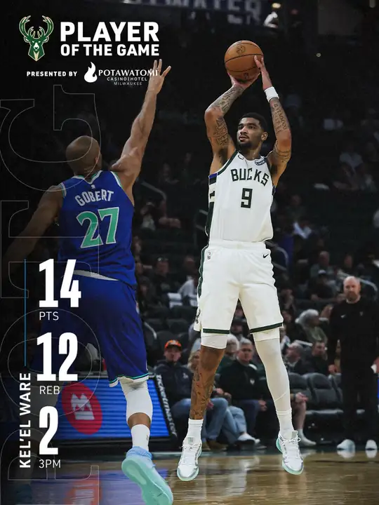 公鹿官方 Instagram 貼文：身穿公鹿白色 9 號球衣的 Kel'el Ware 在灰狼 27 號 Rudy Gobert 面前跳投出手，圖上標示他本場…