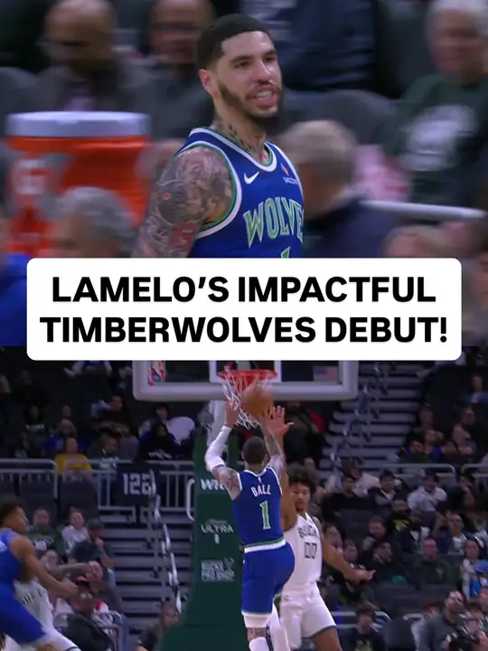 NBA 官方 Instagram 貼文：身穿灰狼藍色 1 號球衣的 LaMelo Ball 在場上露出笑容，下方畫面是他在籃下出手