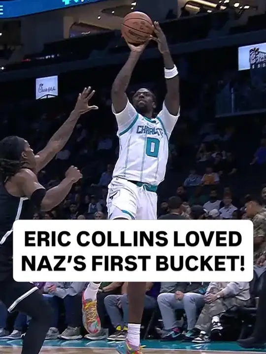 NBA 官方 Instagram 貼文：身穿黃蜂白色 0 號球衣的 Naz Reid 在籃網球員防守下跳投，圖上文字提到黃蜂轉播員 Eric Collins …