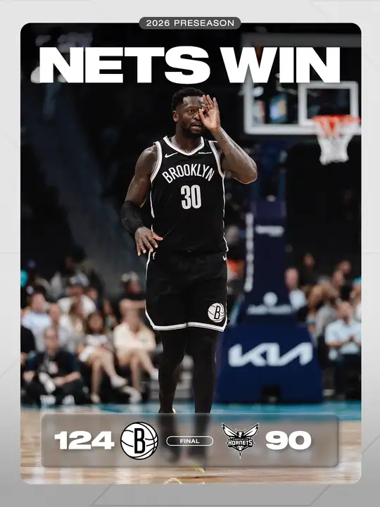籃網官方 Instagram 貼文：身穿籃網黑色 30 號球衣的 Julius Randle 在場上，圖上文字為「NETS WIN」並標示終場比數籃網 124…