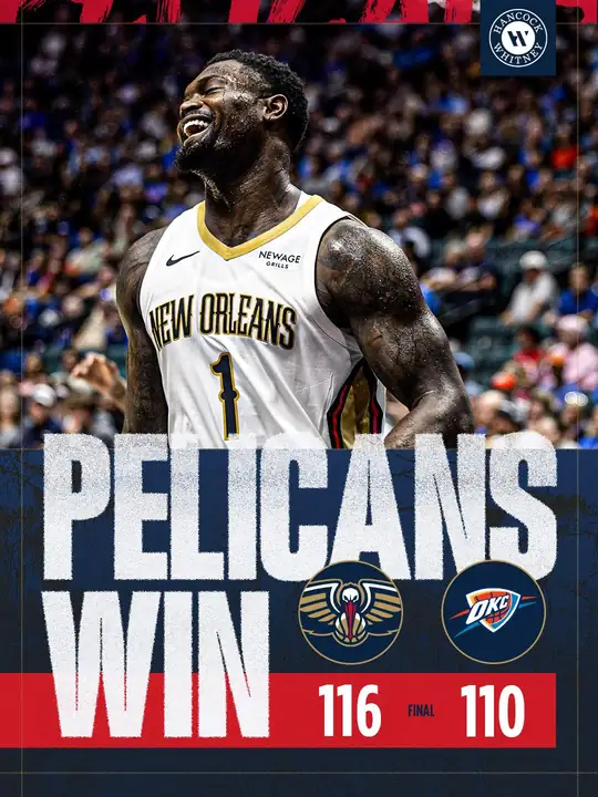 鵜鶘官方 Instagram 貼文：身穿鵜鶘白色 1 號球衣的 Zion Williamson 在場上露出笑容，圖上文字為「PELICANS WIN」並標示終…
