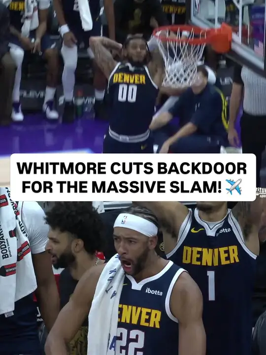 NBA 官方 Instagram 貼文：身穿金塊深藍色 00 號球衣的 Cam Whitmore 背框切入後雙手灌籃，下方畫面是金塊板凳球員起身慶祝