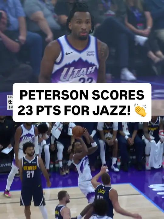 NBA 官方 Instagram 貼文：身穿爵士白色 22 號球衣的 Darryn Peterson 在場上，下方畫面是他在金塊防守下出手，圖上文字為「PET…