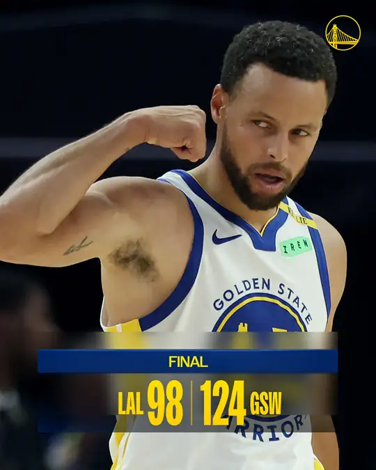 勇士官方 Instagram 貼文：身穿勇士白色球衣、肩帶繡有「NELLIE」紀念字樣的 Stephen Curry 舉起手臂慶祝，圖上標示終場比數湖人 98…