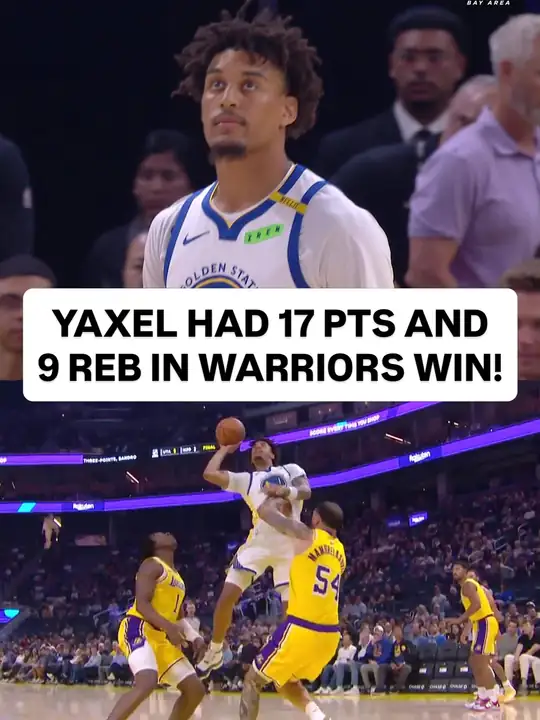 NBA 官方 Instagram 貼文：身穿勇士白色球衣的 Yaxel Lendeborg 在 Chase Center 場上抬頭望向籃框，下方畫面是他在湖人…