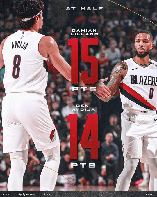 拓荒者官方 Instagram 貼文：身穿拓荒者白色 8 號球衣的 Deni Avdija 與 0 號 Damian Lillard 在場上擊掌，圖上標示上半…