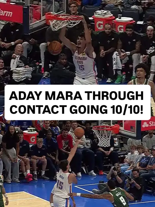 NBA 官方 Instagram 貼文：上方畫面是身穿雷霆白色 15 號球衣的 Aday Mara 單手灌籃，下方畫面是他在公鹿 9 號 Kel'el War…