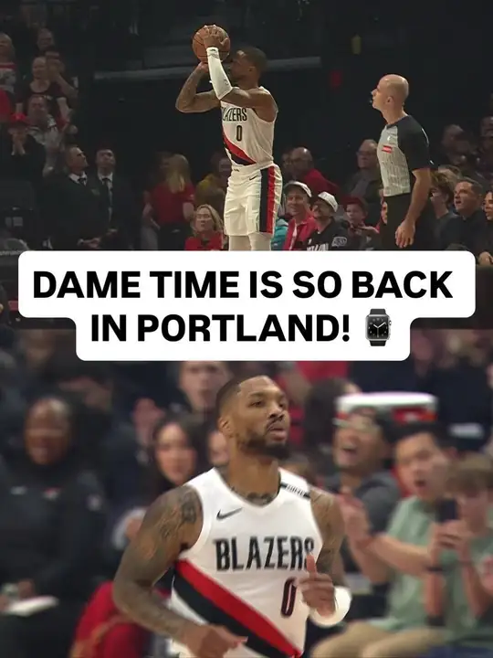 NBA 官方 Instagram 貼文：上方畫面是身穿拓荒者白色 0 號球衣的 Damian Lillard 在 Moda Center 出手三分球，下方是他…