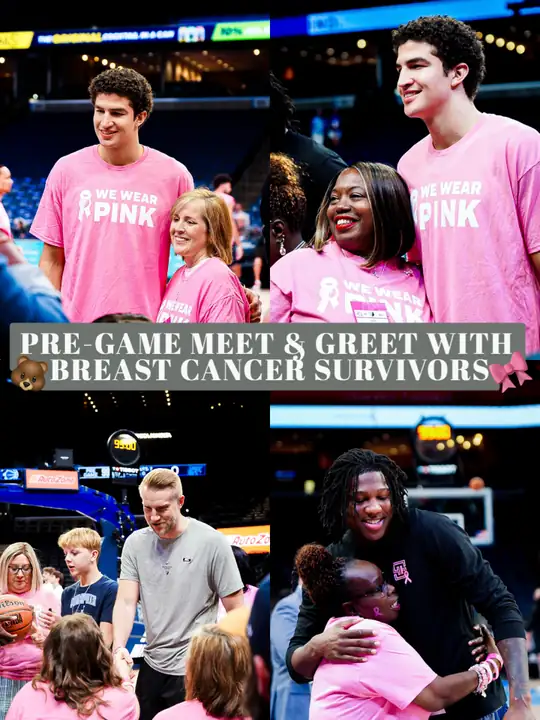 灰熊官方 Instagram 貼文：賽前灰熊球員在 FedExForum 場邊穿著粉紅色「WE WEAR PINK」上衣，與乳癌康復者合影、擁抱，參加乳癌防治…
