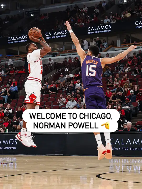 公牛官方 Instagram 貼文：身穿公牛白色 24 號球衣的 Norman Powell 在太陽 15 號 Devin Booker 面前跳投出手，圖上文…