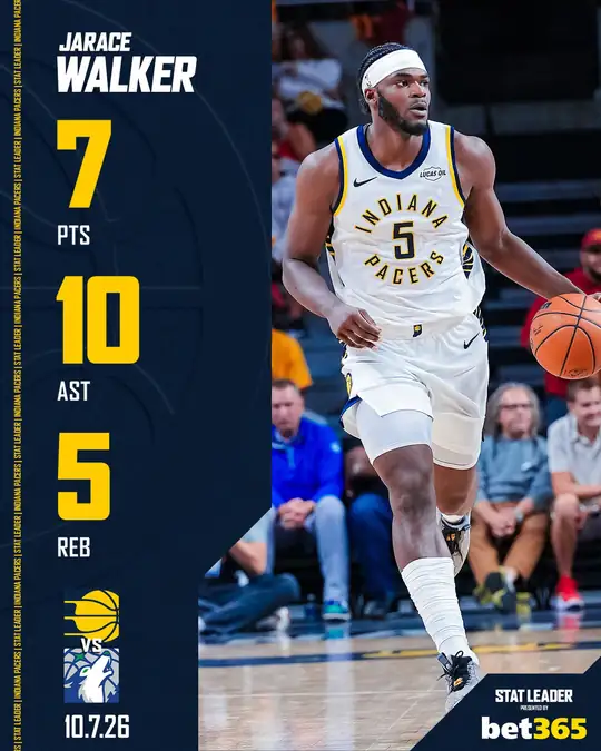 溜馬官方 Instagram 貼文：身穿溜馬白色 5 號球衣的 Jarace Walker 運球推進，圖上標示他本場 7 分、10 助攻、5 籃板
