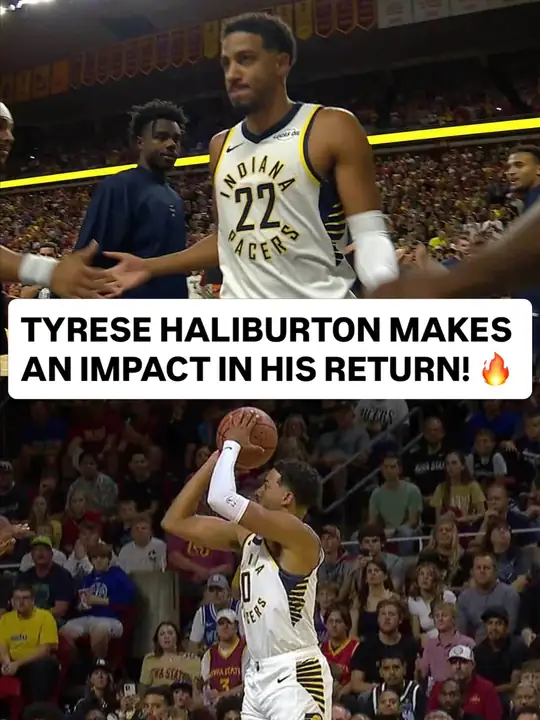 NBA 官方 Instagram 貼文：上方畫面是身穿溜馬白色球衣的 Tyrese Haliburton 在 Hilton Coliseum 場邊與隊友擊掌，…