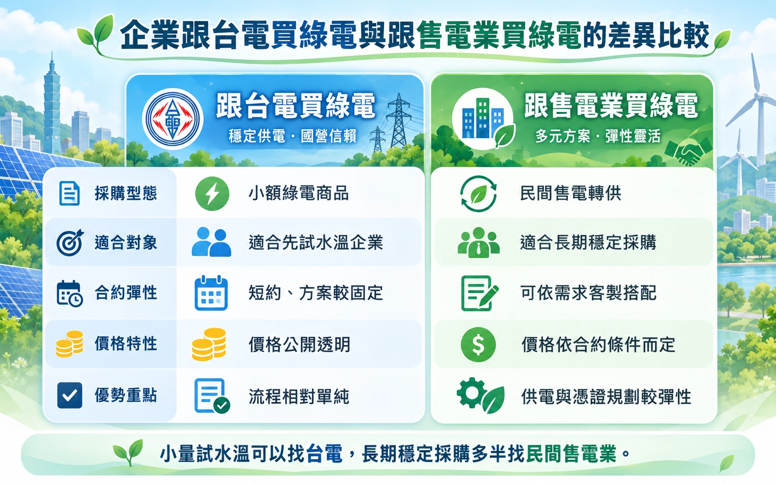 企業跟台電買綠電與跟售電業買綠電的差異比較