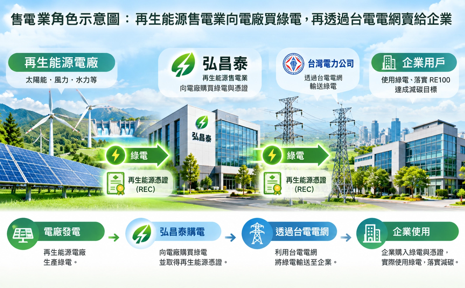售電業角色示意圖：再生能源售電業向電廠買綠電，再透過台電電網賣給企業