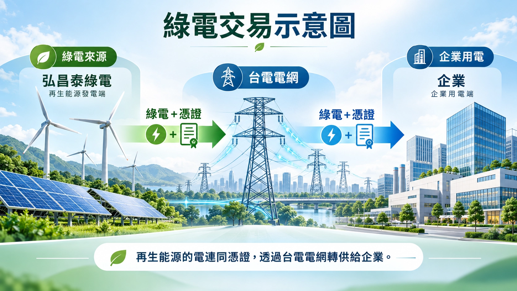 綠電交易示意圖：太陽能電廠的綠電透過台電電網轉供給企業