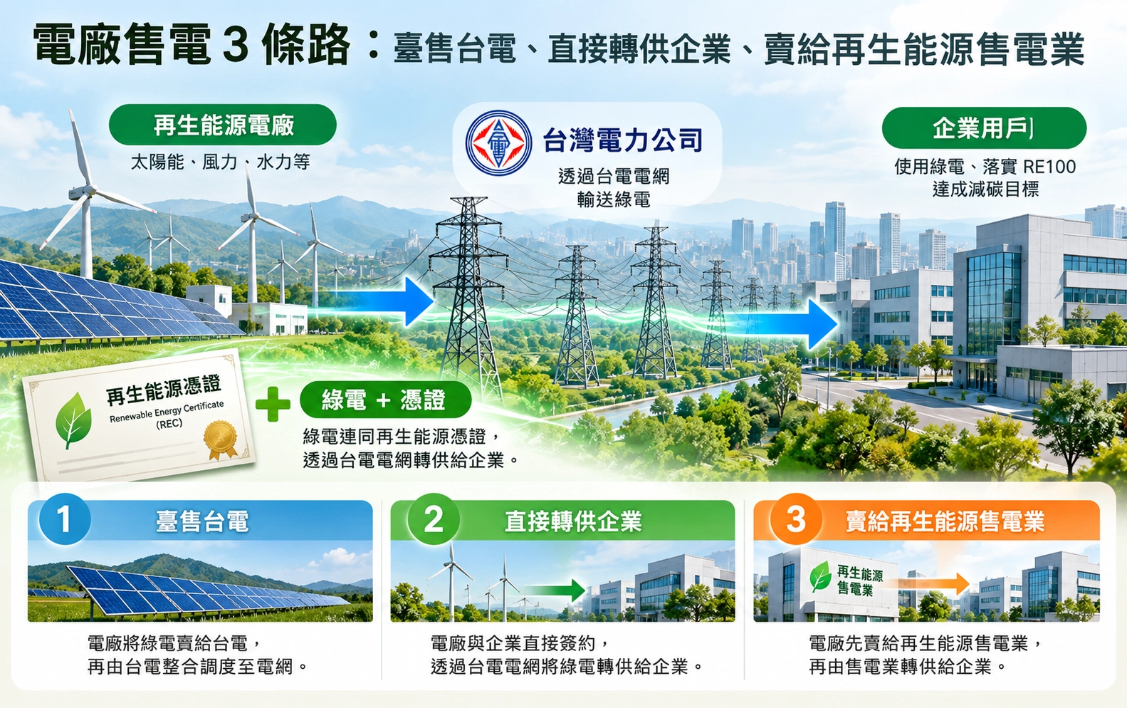 電廠售電 3 條路：躉售台電、直接轉供企業、賣給再生能源售電業