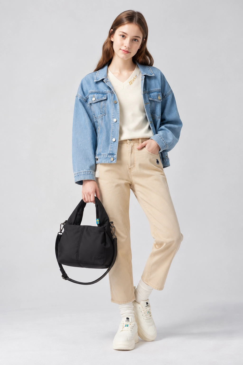 MOZ 2026 秋天穿搭 Look 5 淺藍雙層牛仔：牛仔外套＋可拆式背心、高腰花苞鬆緊牛仔褲、漢堡厚底休閒鞋、防潑水打摺斜背包